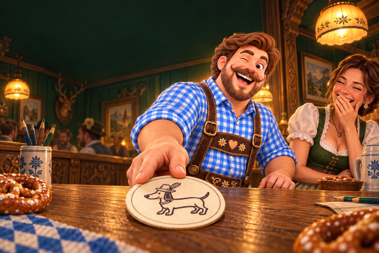 Der Bier Bua schiebt am Stammtisch einen bekritzelten Bierdeckel weiter